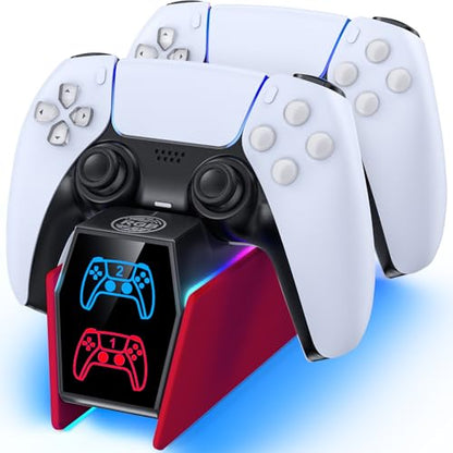 Controller Charger Station Compatible with Play 5 Faceplates Edge & Dual Controller, 9 Lightings P 5 Accessories Charging Station, P 5 Dock Stand with LED Indicator & On-Off Switch, Volcanic Red for PlayStation Consoles - color: Volcanic Red