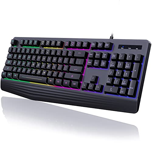 yesbeaut Gaming Keyboard, 7-Color Rainbow LED Backlit, 104 Keys Quiet Light Up Keyboard, Wrist Rest, Whisper Silent, Anti-ghosting Multimedia Keys, Waterproof USB Wired Keyboard for PC Mac Xbox - color: black