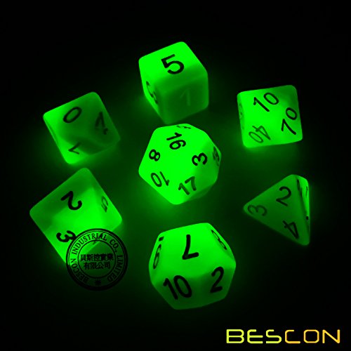 Bescon Gradient Glowing Polyhedral Dice 7pcs Set Forest Light, Gradual Luminous RPG Dice Set Glow in Dark, Novelty DND Game Dice d4 d6 d8 d10 d12 d20 d% in Brick Box - color: Forest Light