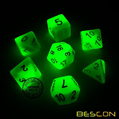 Bescon Gradient Glowing Polyhedral Dice 7pcs Set Forest Light, Gradual Luminous RPG Dice Set Glow in Dark, Novelty DND Game Dice d4 d6 d8 d10 d12 d20 d% in Brick Box - color: Forest Light