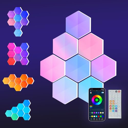 Hexagon LED Lights, 8 Pack with App and Remote Control | Frosted 3D plastic panels for gamers and streamers; made for gaming rooms, esports setups and movie rooms with music sync - size: 8pack