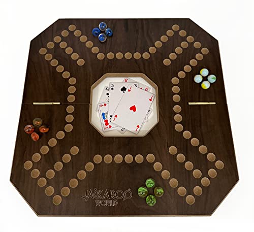 Jackaroo Board Game, 2-4 Player Marble Chase Board Game, Solid Wooden Game with 16 Glass Marbles and 52 Cards, Marble Strategy Game, Jokers and Marbles Game Foldable Board with Carry Bag (Walnut) - color: Walnut