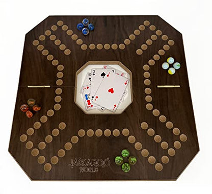Jackaroo Board Game, 2-4 Player Marble Chase Board Game, Solid Wooden Game with 16 Glass Marbles and 52 Cards, Marble Strategy Game, Jokers and Marbles Game Foldable Board with Carry Bag (Walnut) - color: Walnut
