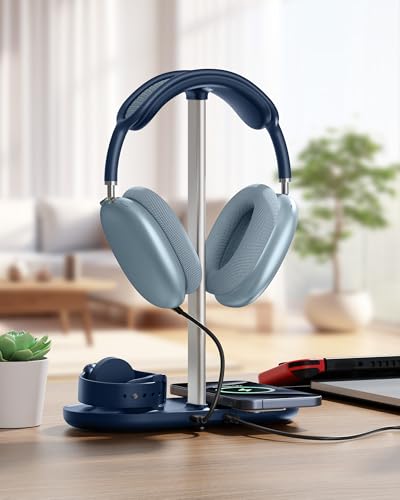 HiWe Headphone Stand, 2-in-1 MagSafe Wireless Charger for iPhone/iWatch | Headset Holder for All Headphones, Aluminum Alloy Bar, ABS Solid Base, PU Headrest, Table Desk Organizer - color: Blue