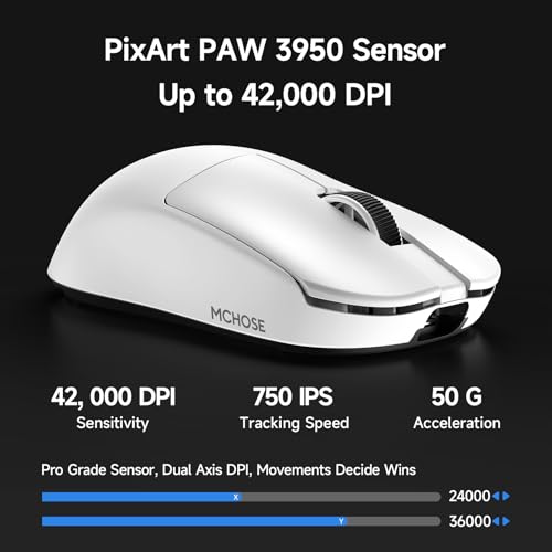 MCHOSE L7 Ultra+ Wireless Gaming Mouse, Lightweight 48g, Ergonomic Mouse with 42K DPI, PAW3950, Optical Switch, 20000 FPS, Dual 8K Polling, 7 Programmable Buttons, 3-Mode Connect, PC/Mac - White - color: White