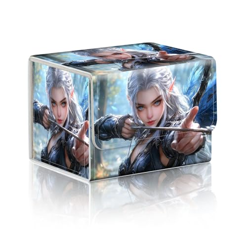 Trading Card Storage Box, Holds 100+ for MTG Cards, PU Leather with Magnetic Closure, Silver Haired Elf Archer in Forest Durable Deck Box for Magic the Gathering, Trading Card Games - color: Silver Haired Elf Archer in Forest