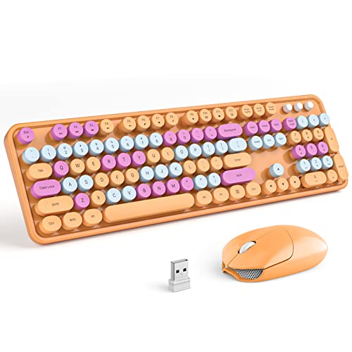 MOFII Wireless Keyboard and Mouse Combo, Orange Retro Keyboard with Round Keycaps, 2.4GHz Dropout-Free Connection, Cute Wireless Mouse for PC/Laptop/Mac/Windows XP/7/8/10 (Orange-Colorful) - color: Orange Colorful