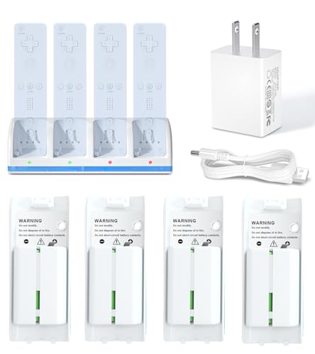 Kits Compatible with Wii Remote Charger with 4Pcs Rechargeable Battery Pack | Charging Station Dock + 4Pcs Batteries + Wall Adapter, Fit for Wii/Wiiu Game Controller, Not Include Controller
