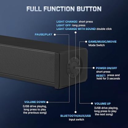 2.1 Computer Speakers for Desktop PC, Bluetooth 5.3 Computer Sound Bar with HiFi Sound, 7 RGB Light Modes, DC Powered Laptop Speakers with 3.5mm AUX-in/USB Connected for Game, Music and Movie