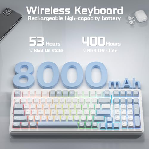 AULA F99 Wireless Silent Mechanical Keyboard, Triple-Mode 2.4GHz/BT5.0/USB-C, Pre-lubed Linear Switches,Hot Swappable Custom Keyboard, Gasket Mounted RGB Backlit, Gaming Keyboards for PC/Laptop/Tablet - color: White Blue Grey