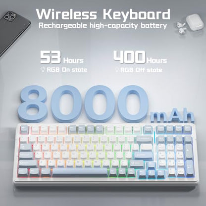 AULA F99 Wireless Silent Mechanical Keyboard, Triple-Mode 2.4GHz/BT5.0/USB-C, Pre-lubed Linear Switches,Hot Swappable Custom Keyboard, Gasket Mounted RGB Backlit, Gaming Keyboards for PC/Laptop/Tablet - color: White Blue Grey