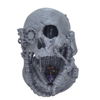 Mechanical Skull Dice Tower Dungeons and Dragons RPG abletop Roleplaying Game Jail D&D (Random 7PCS D20 Dice Set Included) Silver - color: Silver