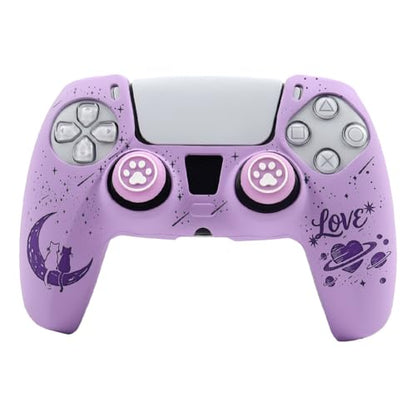 Moonlit Cats with a Loving Heart Controller Skin Compatible with PS5/Playstation 5 Controller, RALAN Protector Case Cover Customised Thumb Grip - color: MCats Purple