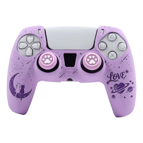 Moonlit Cats with a Loving Heart Controller Skin Compatible with PS5/Playstation 5 Controller, RALAN Protector Case Cover Customised Thumb Grip - color: MCats Purple