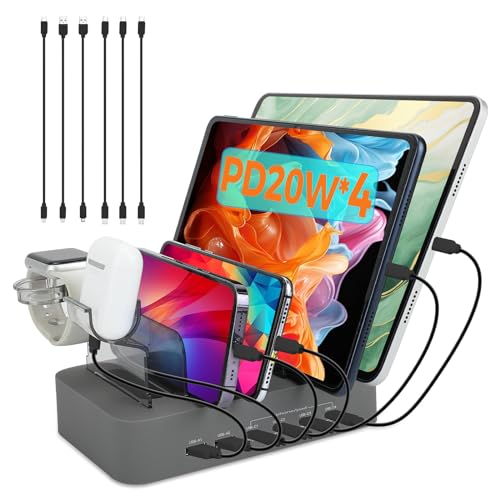 USB C Charging Station for Multiple Devices Apple,100W 4 PD and 2 USB Charger Stations Compatible with Apple iPhone iPad and Android Phone and Tablet,Type C Multi Charging Station - color: 4PD&2USB&Grey&100W