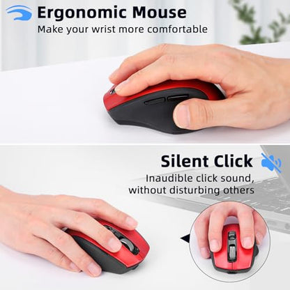 Wireless Bluetooth Mouse with USB-A, USB-C Receiver, Rechargeable, 3-Device, Full-Size, Silent Click, Ergonomic Mice for MacBook/Laptop/Computer/Tablet/PC/iPad-Red - color: Red