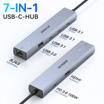 MOKiN 10Gbps USB C Hub Ethernet, 7 in 1 USB C Adapter for MacBook Pro/Air with 4K@60HZ HDMI, 3*USB-C 10Gbps Data, RJ45, USB 2.0, 100W PD, USB C Dongle for MacBook Pro/Air/Dell/HP/Thinkpad/Lenovo. - color: Gray