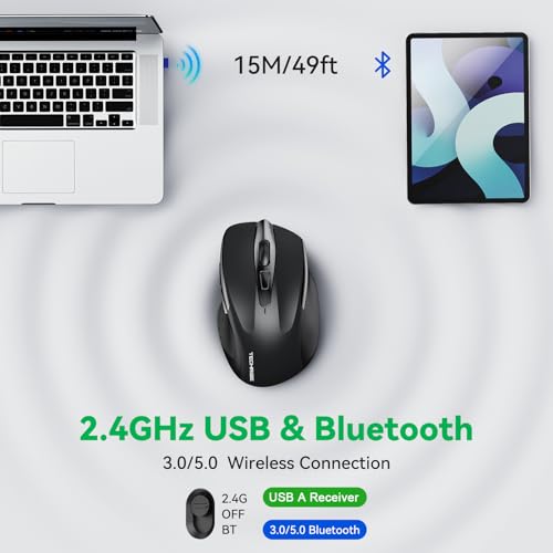 TechRise Bluetooth Mouse (BT5.0/3.0 & 2.4G) Rechargeable Wireless Mouse, 4800 DPI Optical Tracking, 6 Adjustable DPI, 2.4GHz with USB A Receiver, Quiet Clicks, Ergonomic Grips, 6 Buttons - Black - color: Black