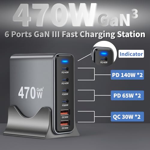 470W USB C Fast Charger Block, 6 Ports GaN III USB Chagring Station, Dual 140W PD PPS HUB for Multiple Devices, Laptop Adapter Compatible with MacBook Pro/Air iPad iPhone Pro Max, Galaxy, Dell, HP - size: 470W-4C2A