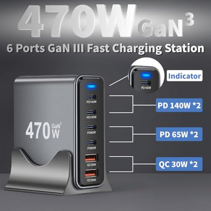 470W USB C Fast Charger Block, 6 Ports GaN III USB Chagring Station, Dual 140W PD PPS HUB for Multiple Devices, Laptop Adapter Compatible with MacBook Pro/Air iPad iPhone Pro Max, Galaxy, Dell, HP - size: 470W-4C2A