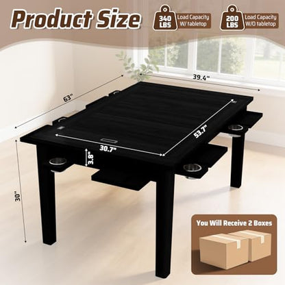 Board Game Table with Adjustable Led Lights Gaming Table with Removable Top | 53.7in x 30.7in Play Area Dining/Gaming Table with Charge Station, Play Mat, 6 Cup Holders & Trays (Black)