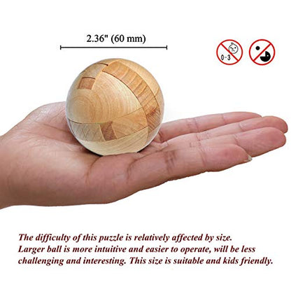 KINGOU Wooden Sphere Puzzle Brain Teaser Toy for Kids and Adults | Measures 2.36 inches, ideal ball stocking stuffer puzzle gift, includes 3 random metal puzzles and guide