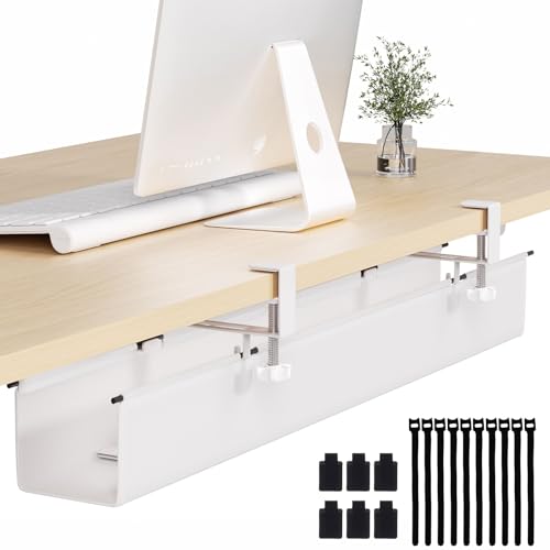 Under Desk Cable Management Tray 39.7" - No Drill Computer Wire Organizer Cable Tray, Cord Hider Clamp Mount with 16X Cable Ties PC Cables Management Cord Holder for Office/Home (Upgrade Fabric,White) - color: White, size: 39.7"