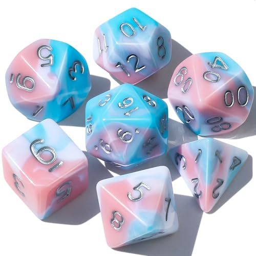 CiaraQ 7pcs Polyhedral Dice Set for Dungeon and Dragons MTG Table Games | Acrylic Role Playing Dice for D&D with Black Velvet Bag – Pink, Blue & White Swirl – Standard Size – Ages 14+ - color: Pink-blue-white Swirled