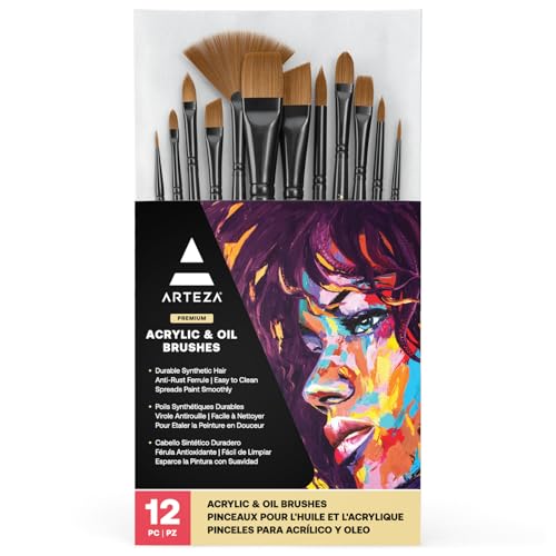 ARTEZA Paint Brushes Set of 12, Acrylic and Oil Paint Brushes with Synthetic Hair, Rust-Resistant Ferrules and Birch Wooden Handles for Canvas, Crafts, Blending, Layering, and Detail Work - style: Acrylic & Oil