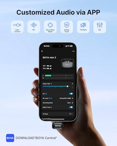 BOYA mini 2 Wireless Lavalier Microphone for iPhone 15/16/17 & Android | AI Noise Cancellation, App Control, 30H Battery Life with Charging Case for Vlogging Interviews and Content Creation