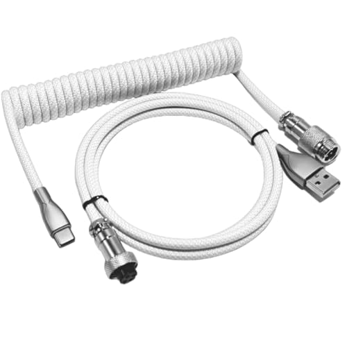 USB C Coiled Keyboard Cable - Gaming Keyboard Coil Cord,Custom Type Braided Mechanical Keyboard Cable with Detachable Metal Aviator Wire, 1.5M USB-C to USB-A, Computer Decoration Wire White - color: White