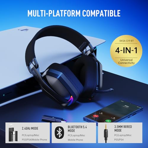 EKSA 2.4GHz Wireless Gaming Headset for PS5/PS4, PC, Switch, Mac, Bluetooth 5.4 Gaming Headphones with Noise Cancelling Microphone, 169g Ultralight, RGB, Type-C, 35H Battery, Wired Computer Headphones