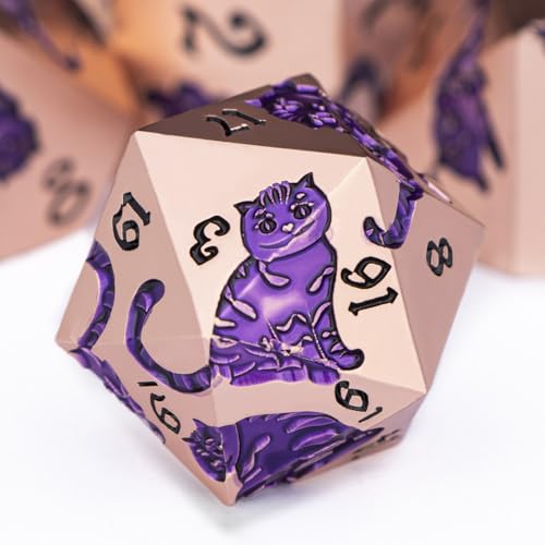 Metal DND Cat Dice 7PCS Polyhedral RPG Dice Set with Gift Case for Dungeons Dragons Role Playing Game, D and D Dice D6 D8 D10 D12 D20 D% (Copper Purple) - color: Cat-copper Purple