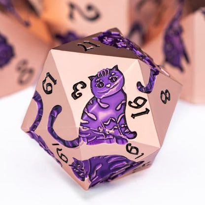 Metal DND Cat Dice 7PCS Polyhedral RPG Dice Set with Gift Case for Dungeons Dragons Role Playing Game, D and D Dice D6 D8 D10 D12 D20 D% (Copper Purple) - color: Cat-copper Purple