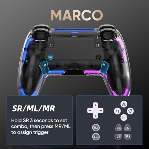 BETMI Wireless Controller for PS5, Pro/Slim/MAC/Steam Deck/PC, Hall Effect Joysticks,Dual Vibration, Marco/Turbo, 3.5mm Audio Jack, 6-Axis Gyro, Mute, Bluetooth LED Gamepad with Speaker(9 Colors Single & Dual-Color LED, L Pink R Cyan, Transparent)