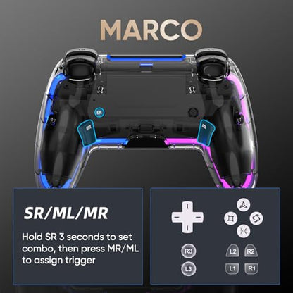 BETMI Wireless Controller for PS5, Pro/Slim/MAC/Steam Deck/PC, Hall Effect Joysticks,Dual Vibration, Marco/Turbo, 3.5mm Audio Jack, 6-Axis Gyro, Mute, Bluetooth LED Gamepad with Speaker(9 Colors Single & Dual-Color LED, L Pink R Cyan, Transparent)