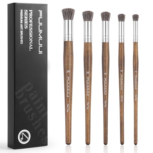 Professional Oil Paint Brushes, Fuumuui 5Pcs Natural Badger Bristle Blending Brush Set for Acrylic, Oil and Gouache - Round Flat Top Shape with Birch Handle - style: Round Flat Top