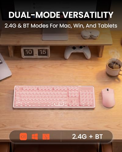 Wireless Keyboard and Mouse Combo with White Backlit Pudding Keycaps, Bluetooth & 2.4G, 2000mAh Rechargeable, Full Size, Metal Panel Quiet Computer Keyboard Set for Windows PC Desktop - Pink - color: Pink