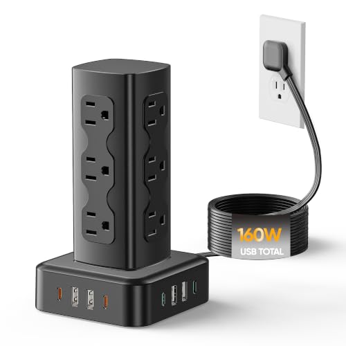 Power Strip Tower, 160W USB Charging Station Tower 12 AC Outlets | 8 USB Ports (4 USB C), 6 Ft Flat Plug Extension Cord with Multiple Outlets, Home Office Dorm Room Essentials, Black - size: 160W