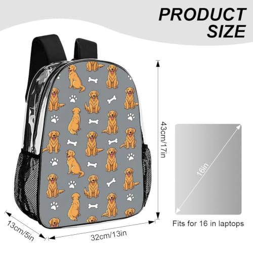 Fashion Teddy Print Clear Backpack Stadium Approved for Men Women | Transparent Bookbag with Reinforced Bottom, Adjustable Padded Shoulder Straps, Golden Retriever Cute Dog - color: Pattern (500)