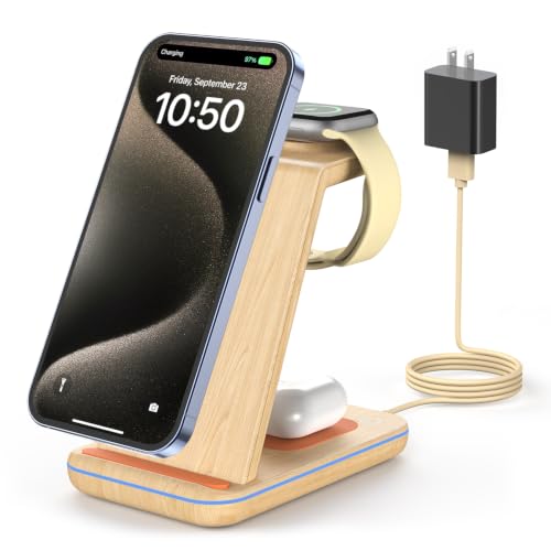 3 in 1 Wireless Charging, Wireless Charger Stand for Multiple Apple Devices, Wireless Charger for iPhone 17 16 15 14 13 12 11 Pro Max XS XR 8, Apple Watch 11 9 8 7 6 SE 5 4 3 2, AirPods 4/3/2/Pro - color: Light Wood Color