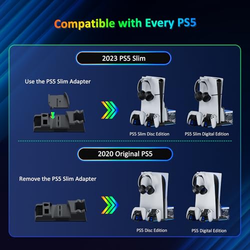 NexiGo PS5 Silent Cooling Stand for Both PS5 and New PS5 Slim Consoles, RGB LED Light, Dual Charging Station, Compatible with Dual_Sense Edge Controller, Hard Drive, Headset and Remote Holder, Black