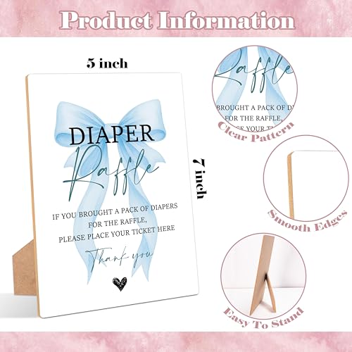 Blue Bow Baby Shower Diaper Raffle, Pack of 1 Wooden Tabletop Sign with Stand and 50 Diaper Raffle Tickets, Blue Coquette Bow Baby Shower Game, Gender Reveal Party Decorations - FS02 - color: Diaper Raffle