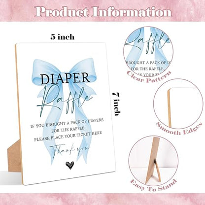 Blue Bow Baby Shower Diaper Raffle, Pack of 1 Wooden Tabletop Sign with Stand and 50 Diaper Raffle Tickets, Blue Coquette Bow Baby Shower Game, Gender Reveal Party Decorations - FS02 - color: Diaper Raffle