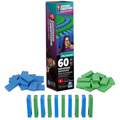 Spin Master Games H5 Domino Creations, 60-Piece Neon Blue/Green Set by Domino Artist Youtuber Lily Hevesh Classic Family Game, for Adults and Kids Ages 5 and up - color: Refill 60pc Blue & Green