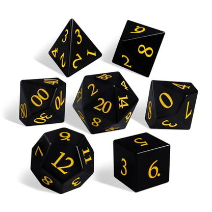 Natural Obsidian Dice Set, 7-Piece Hand-Carved Polyhedral Dice for Dungeons & Dragons (D&D), Pathfinder, Call of Cthulhu, Tabletop RPG Gaming, Collectible Gemstone Dice with Gold Numbering (Black) - color: Black