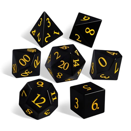 Natural Obsidian Dice Set, 7-Piece Hand-Carved Polyhedral Dice for Dungeons & Dragons (D&D), Pathfinder, Call of Cthulhu, Tabletop RPG Gaming, Collectible Gemstone Dice with Gold Numbering (Black) - color: Black