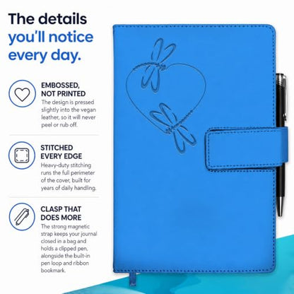 The Amazing Office Dragonfly Refillable Journal, Light Blue Faux Leather, 200 Lined Pages, 5.75x8.5 Inch Notebook with Magnetic Clasp and Pen Holder, Writing Diary for Women and Men - color: Dragonfly Lt-Blue