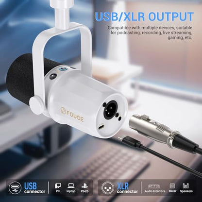FDUCE SL40 Dynamic Microphone for Podcasting, Gaming, Live Streaming and Recording, Built-in Headphone Output, LED Mute Button, All-Metal USB/XLR, Voice Isolation Technology (White) - style: SL40 White