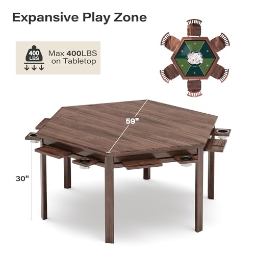 Board Game Table, 59" Hexagon Gaming Table with Removable Table Top & Storage Rack for 6 Players, Includes Detachable Cup Holders and Trays for Dining, Card, DND, Poker in Walnut - size: Hex w/Storage Rack